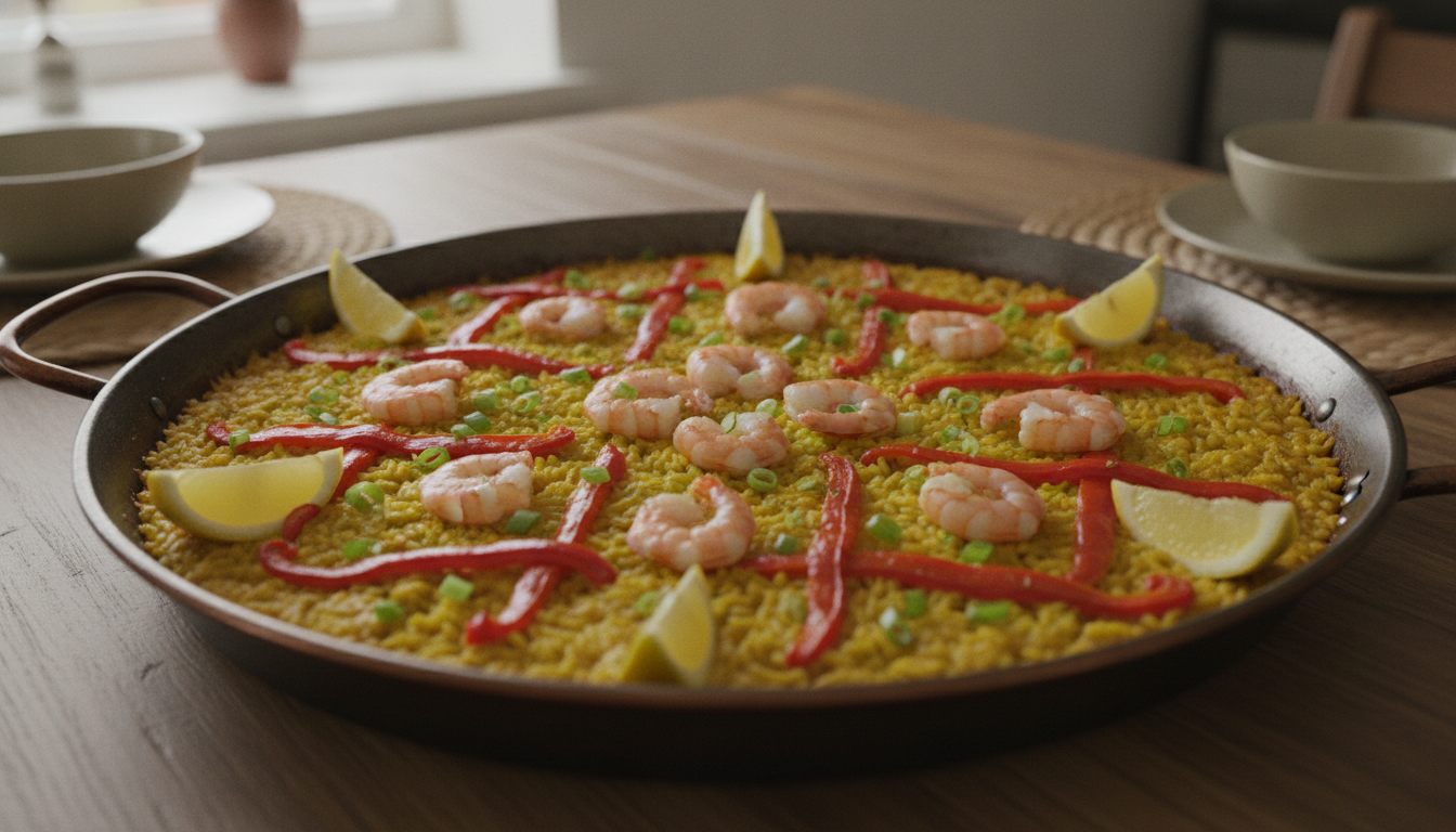 Paella i vid panne med safranris, paprikastrimler, reker og sitron