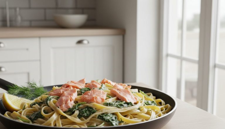 Kremet pasta med laks i en panne, tagliatelle i lys fløtesaus med store biter rosa laks, spinat, dill og en sitronbåt ved siden av