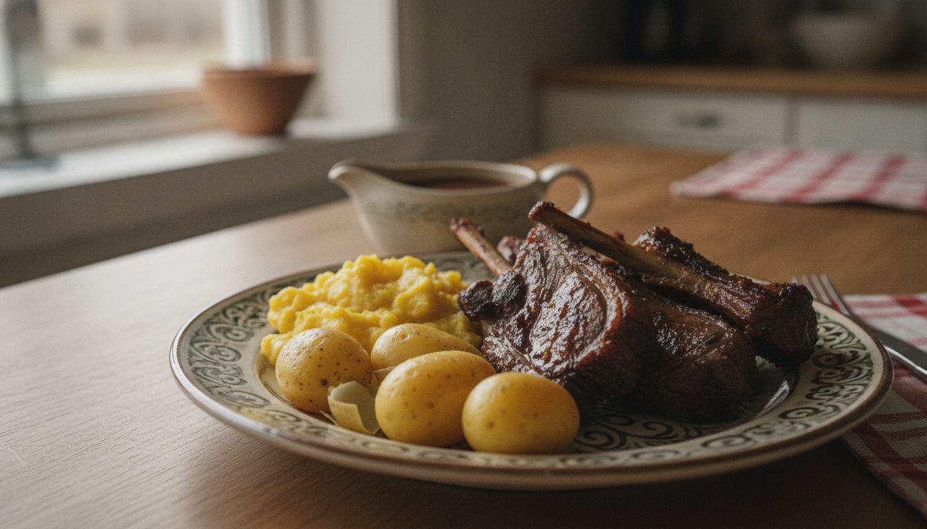 Pinnekjøtt servert på tallerken med kålrabistappe og kokte mandelpoteter, med brun saus i en mugge ved siden av