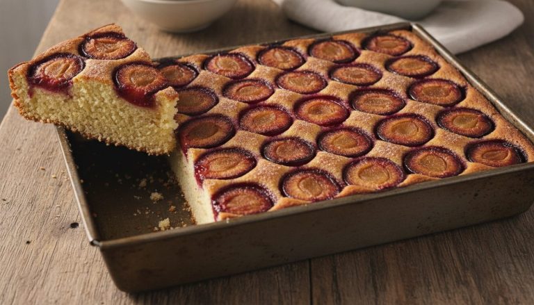 Plommekake i langpanne med halve plommer i tette rader, drysset med kanelsukker