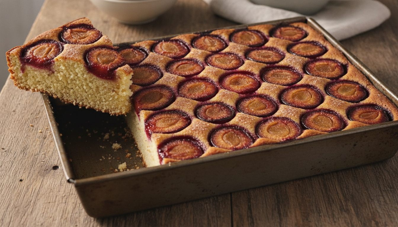 Plommekake i langpanne med halve plommer i tette rader, drysset med kanelsukker