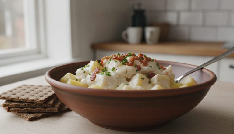 Plukkfisk i en dyp leirskål med store flak torsk og potetterninger i tykk hvit saus, toppet med sprøstekt bacon og gressløk