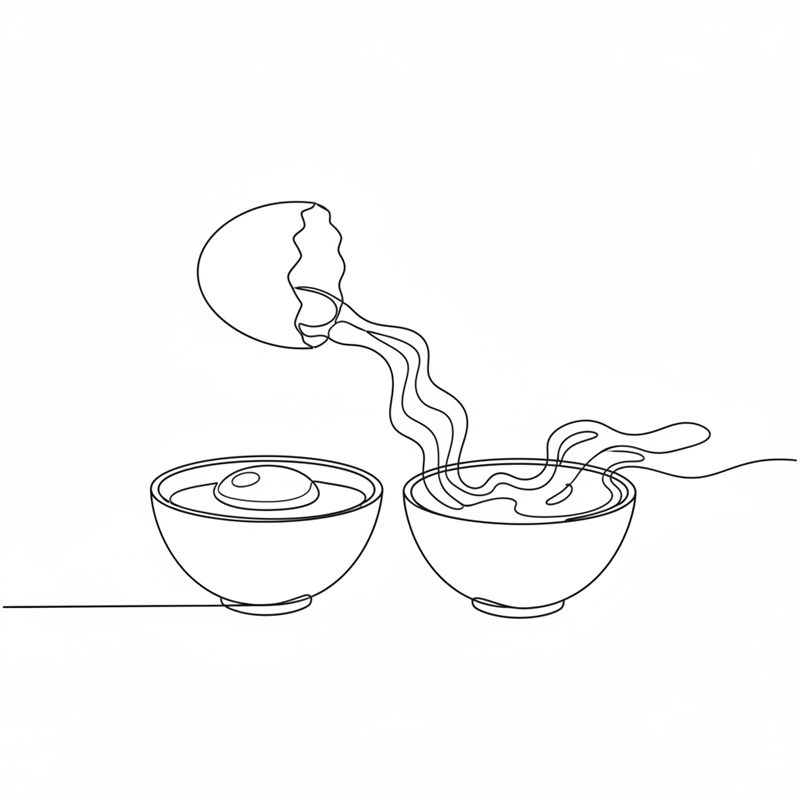 Illustrasjon: et egg deles, plommen i én bolle og hviten i en annen