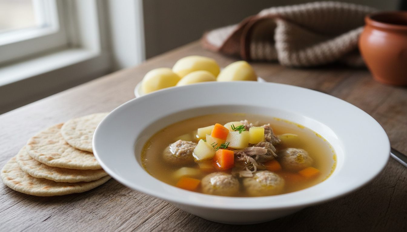 Sodd i en dyp tallerken – klar kraft med soddboller, biter av lammekjøtt, terninger av gulrot og kålrot, med kokte poteter og flatbrød ved siden av