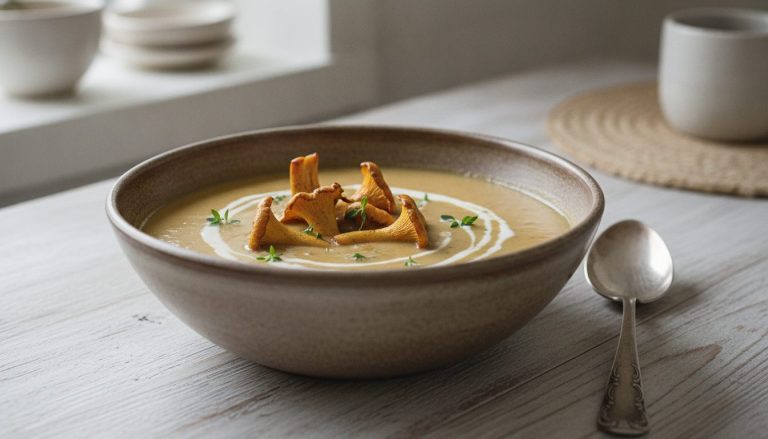 Kremet soppsuppe i en skål, toppet med stekte kantareller, en skvett fløte og frisk timian