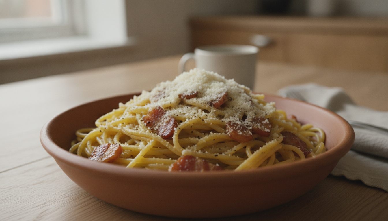 Spaghetti carbonara med bacon, eggesaus, revet ost og grovkvernet pepper