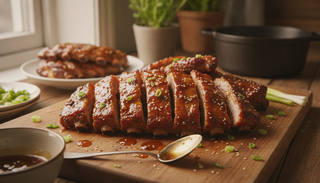 Glaserte spareribs skåret i ribber på fjøl med blank søtsur glasur