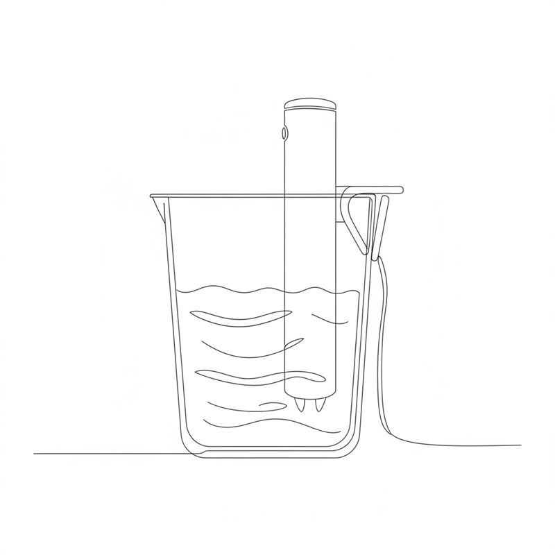 Illustrasjon: et sous vide-kar med vann og en sous vide-stav festet til kanten
