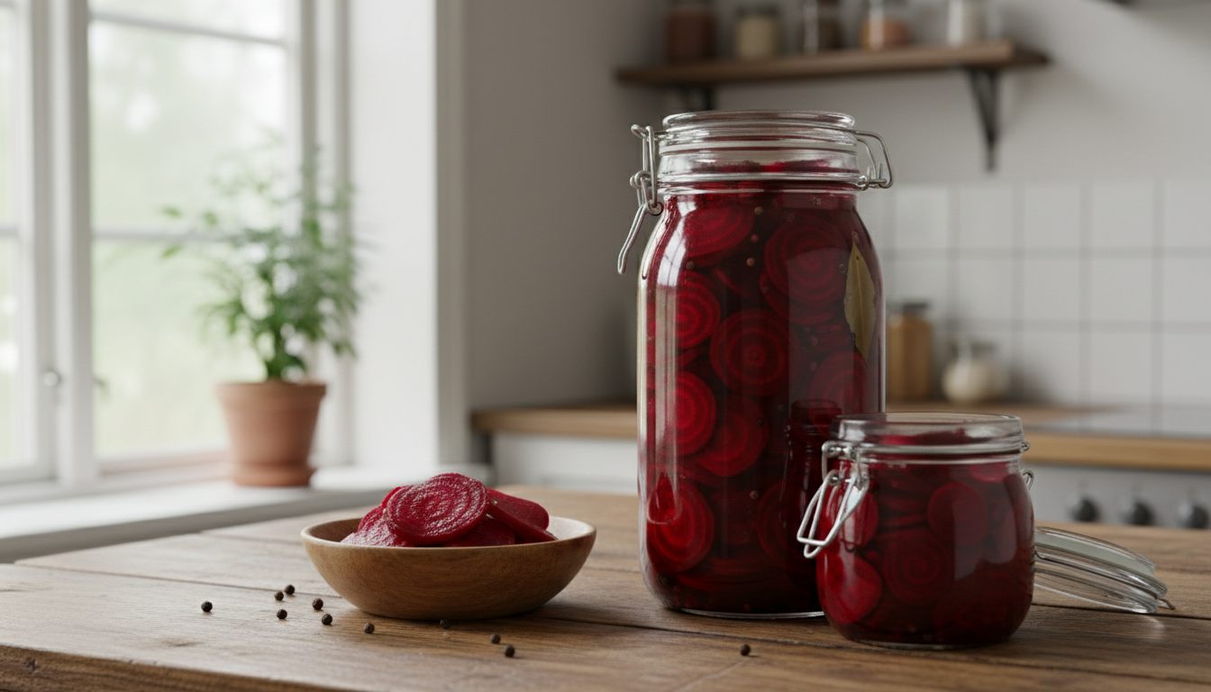 Syltede rødbeter i høye glass med dyp rubinrød lake, hele pepperkorn og laurbærblad, ved siden av en skål med rødbetskiver