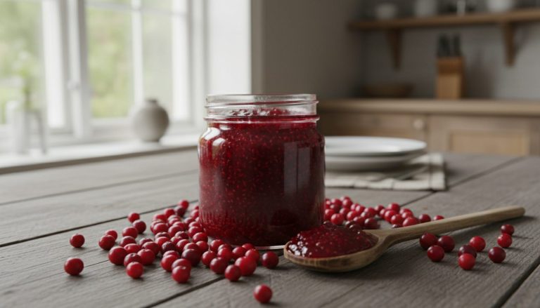 Glass med hjemmelaget tyttebærsyltetøy og friske tyttebær på et trebord på godtnoe.no