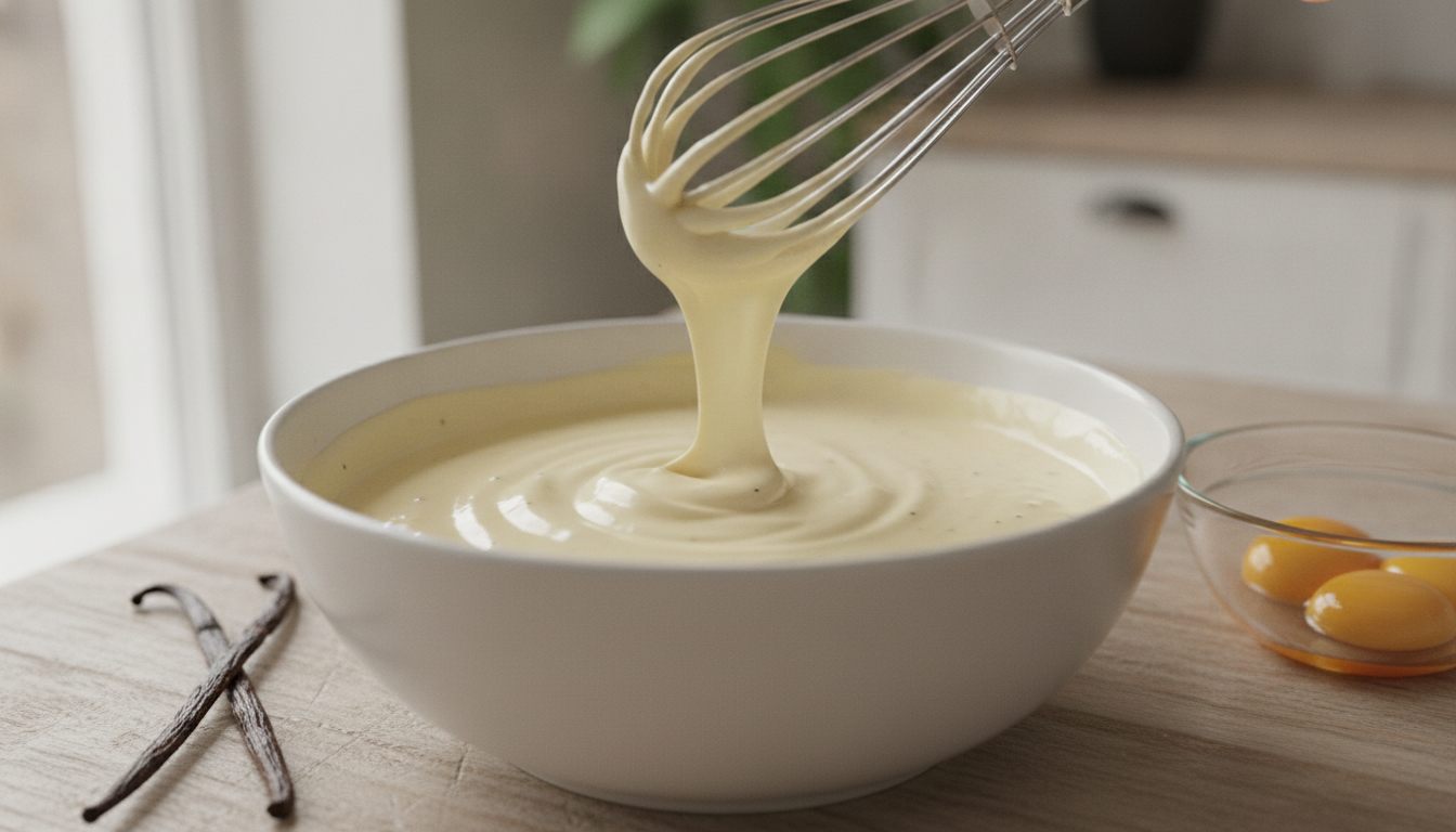 Hjemmelaget vaniljekrem i en hvit bolle, blank og lysegul, med en visp som løfter et tykt bånd av kremen opp, og to vaniljestenger og en skål eggeplommer ved siden av