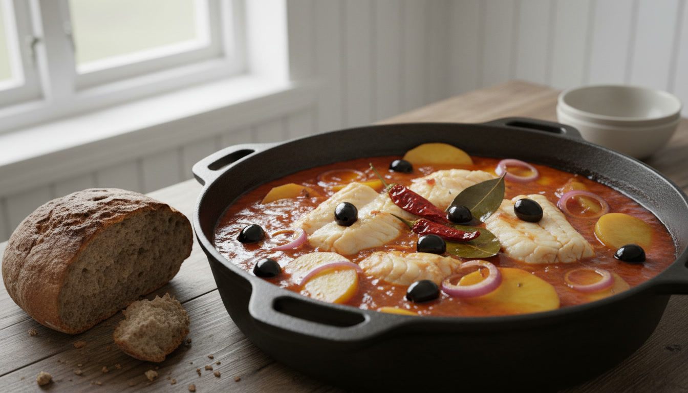 Bacalao i en vid støpejernsgryte – store flak av klippfisk, potetskiver og løk i rød tomatsaus med olivenolje, sorte oliven og tørket chili – oppskrift på godtnoe.no