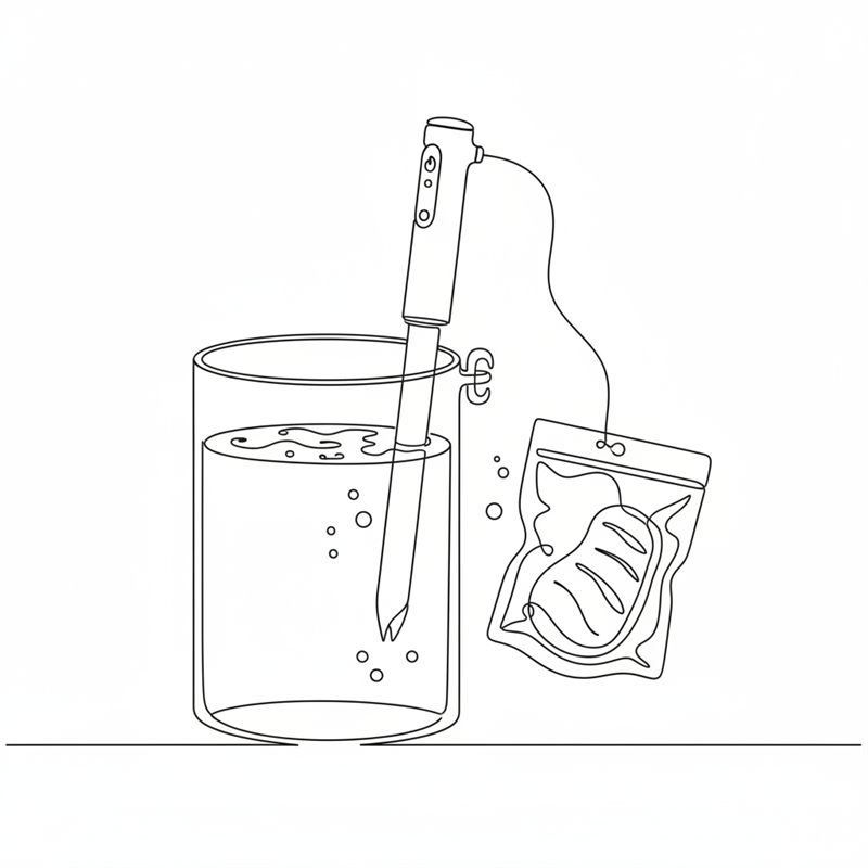 Illustrasjon: en lukket vakuumpose med kjøtt holdes opp ved siden av en gryte med vann og en sous vide-stav, klar til å legges i