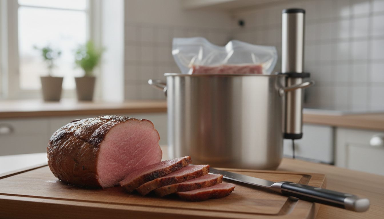 Brunet culottestek skåret i tynne skiver som er jevnt rosa helt ut til kanten, på en skjærefjøl i tre med forskjærkniv, og en høy gryte med sous vide-stav og vakuumpose i bakgrunnen