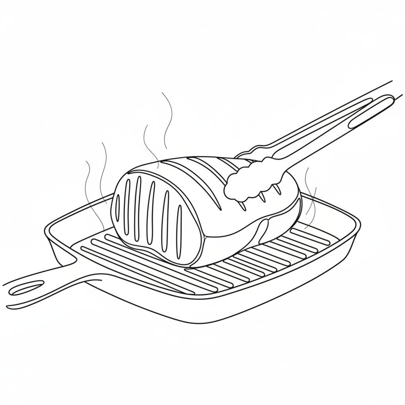 En stek brunes på en riflet grillpanne, og en tang vender den