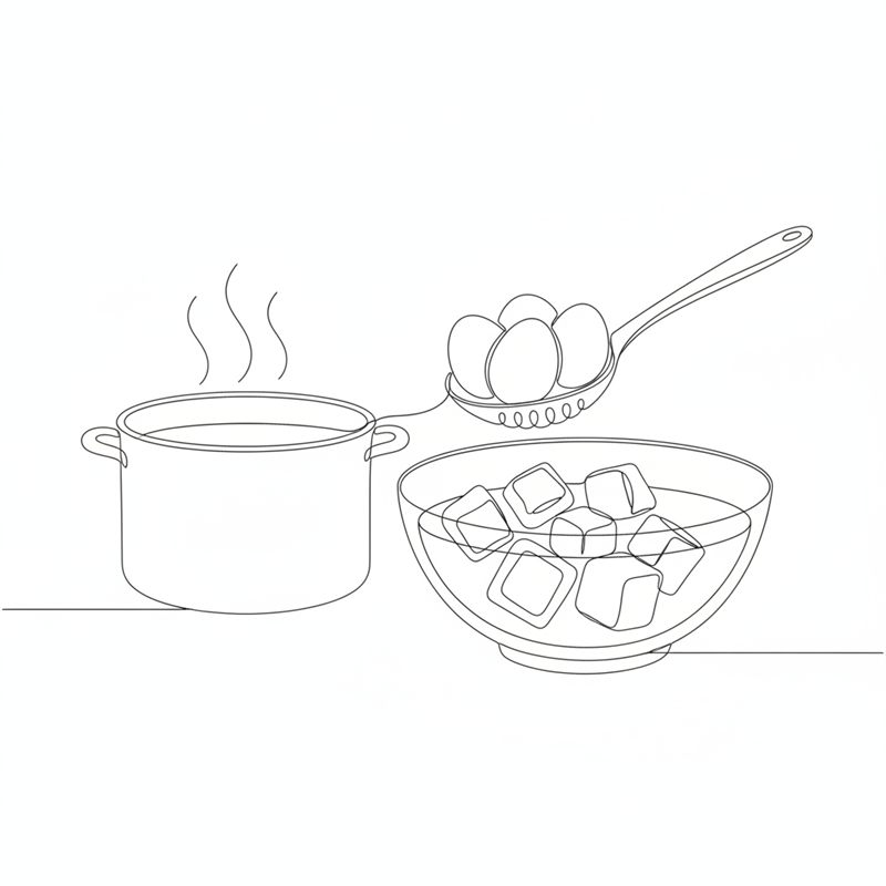 Illustrasjon: kokte egg løftes over i en bolle med isvann med en hullsleiv