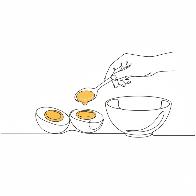 Illustrasjon: halverte hardkokte egg der plommene løftes ut i en egen bolle med en teskje