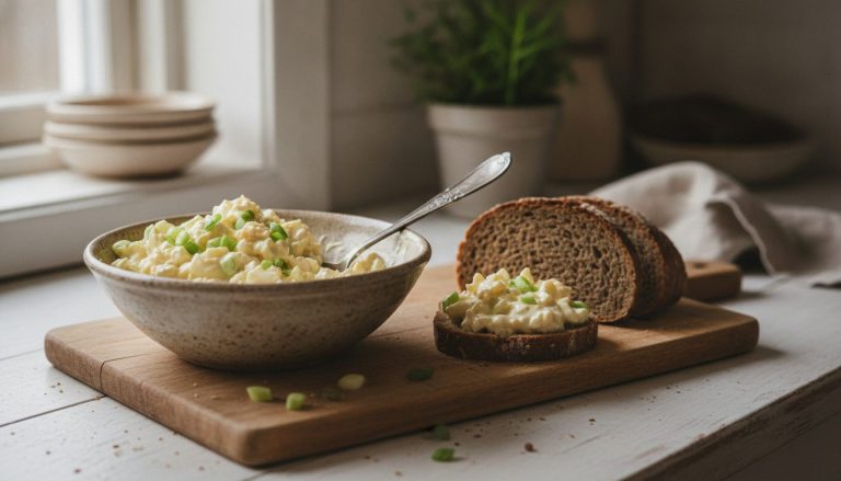 Skål med hjemmelaget eggesalat – grovhakket egg i kremet dressing med finhakket vårløk, servert ved siden av skiver grovt brød på en trefjøl – oppskrift på godtnoe.no