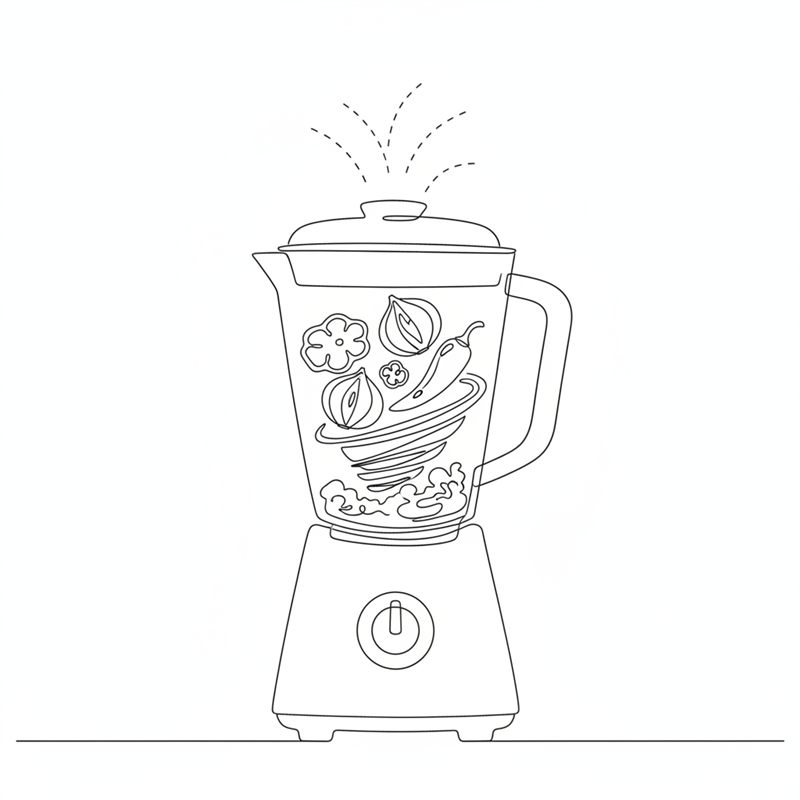 Illustrasjon: rød paprika, løk og chili kjøres til en tykk puré i en blender