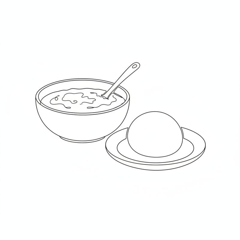 Illustrasjon: en skål med tykk gryte serveres ved siden av en ball av fufu