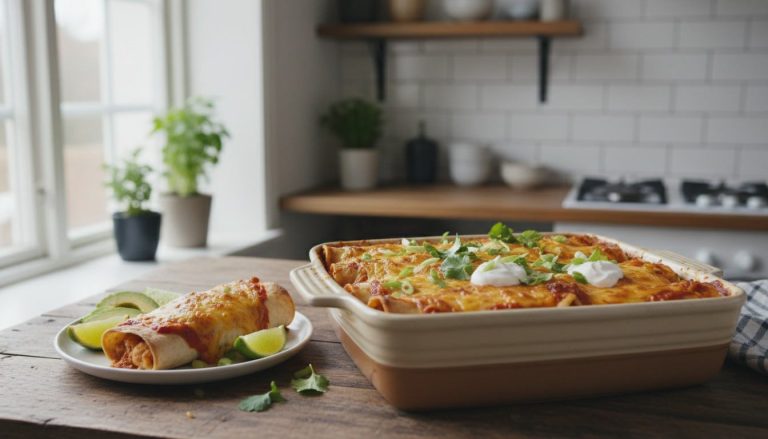 Ildfast form med gratinerte enchiladas med kylling i rød tomatsaus, toppet med rømme, koriander og vårløk, med én enchilada på en tallerken ved siden av – oppskrift på godtnoe.no