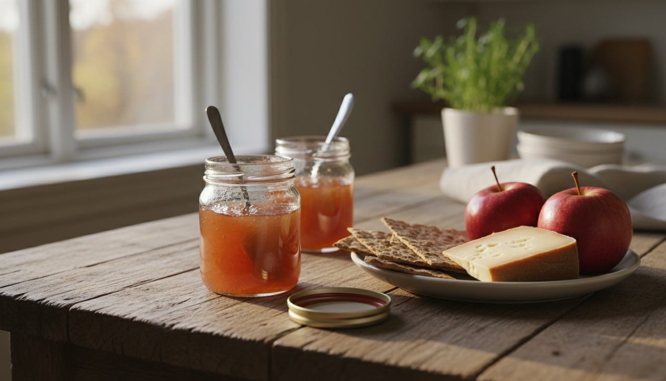 To glass hjemmelaget, klar eplegele ved siden av knekkebrød, hvitost og røde epler – oppskrift på godtnoe.no