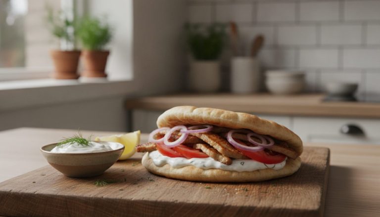 Gyros i varmt pitabrød med strimler av krydret svinekjøtt, tzatziki, tomat og rødløk på en trefjøl – oppskrift på godtnoe.no