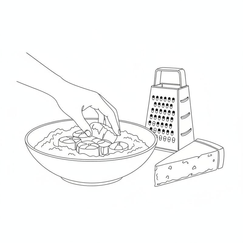 Illustrasjon: fiskebiter vendes i en bolle med mel, med et rivjern og en bit parmesan ved siden av