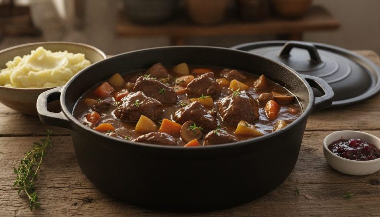 Sort støpejernsgryte med høstgryte – møre terninger av høyrygg i mørk saus med gulrot, sellerirot, persillerot og brunet sopp, timian på toppen og potetmos ved siden av – oppskrift på godtnoe.no