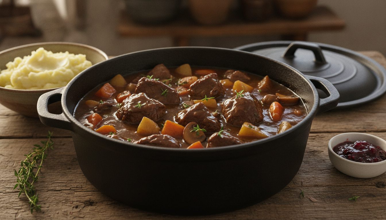 Sort støpejernsgryte med høstgryte – møre terninger av høyrygg i mørk saus med gulrot, sellerirot, persillerot og brunet sopp, timian på toppen og potetmos ved siden av – oppskrift på godtnoe.no