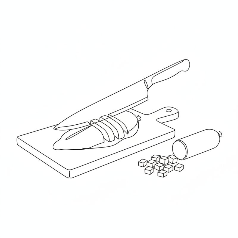 Illustrasjon: en kokkekniv skjærer en kyllingfilet i strimler på en fjøl, ved siden av en hel chorizopølse og en haug pølseterninger