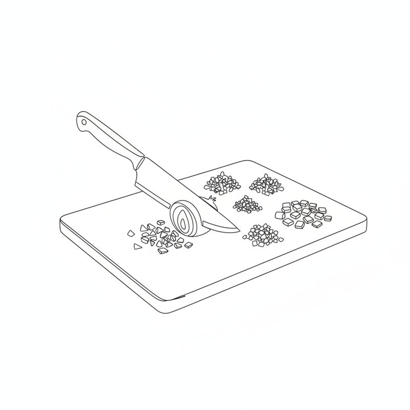 Illustrasjon: en kniv hakker løk fint på en fjøl ved siden av hakket hvitløk og små terninger av rød paprika