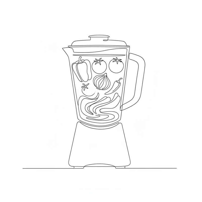 Illustrasjon: rød paprika, tomat, løk og chili kjøres glatt i en blender