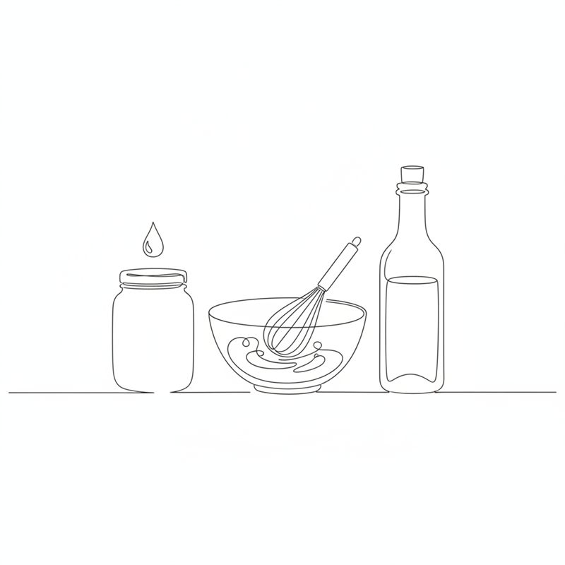 Illustrasjon: en vinaigrette vispes sammen i en liten bolle med et honningglass og en eddikflaske ved siden av