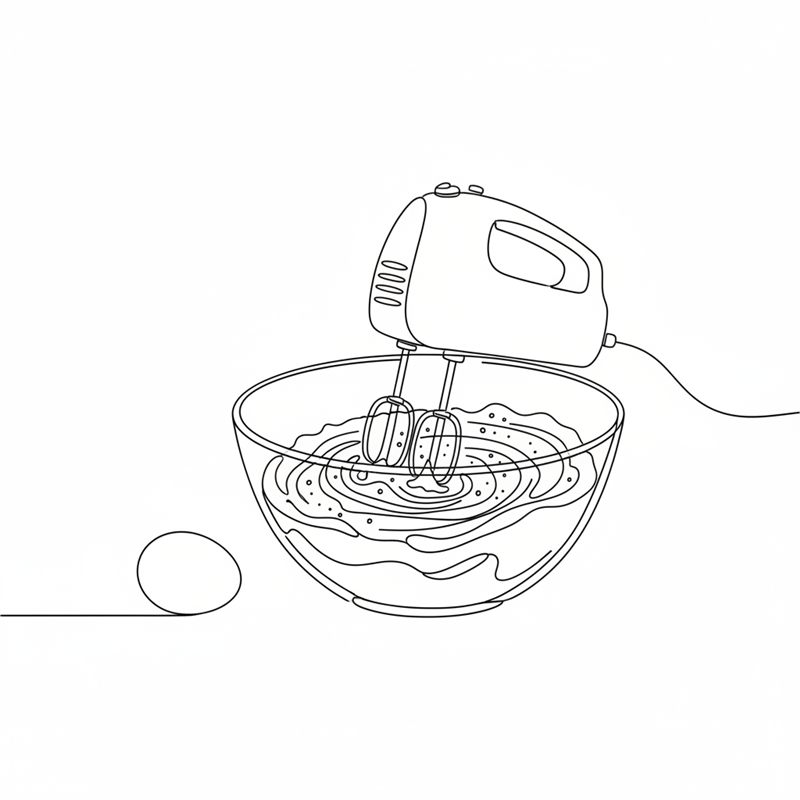 Illustrasjon: en håndmikser rører smør, sukker og vaniljefrø sammen i en bakebolle med et egg ved siden av bollen
