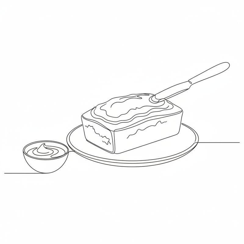 Illustrasjon: en palettkniv fordeler glasur utover toppen av en avkjølt avlang kake på et fat med en liten bolle glasur ved siden av