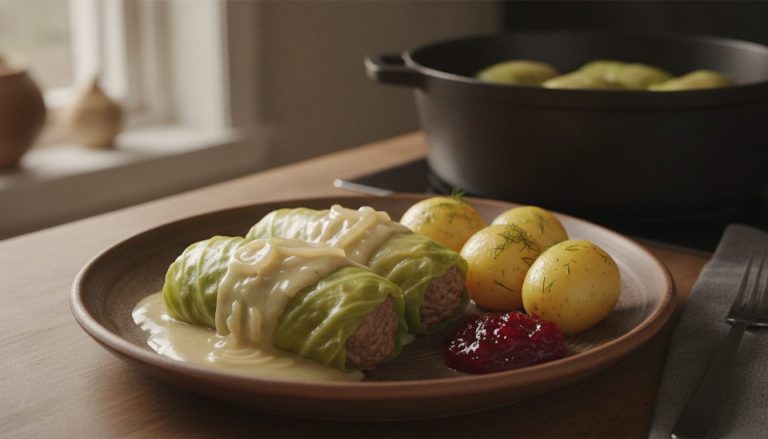 To kålruletter med kjøttdeigfarse på en tallerken med kokte poteter, lys løksaus og tyttebærsyltetøy, med en kjele med flere kålruletter i bakgrunnen – oppskrift på godtnoe.no