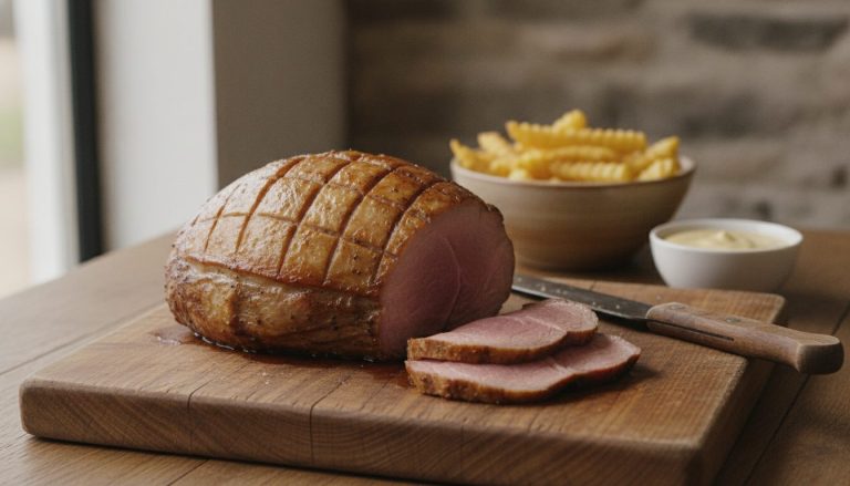 Stekt kalveculotte med rutet ristet fettkant skåret i tynne rosa skiver på en trefjøl, med forskjærkniv, en skål pommes frites og en skål lys saus ved siden av
