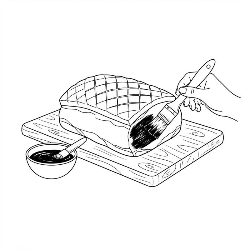 En pensel smører tykk BBQ-marinade på siden av steken; fettlaget på toppen er uten marinade; en liten skål marinade står ved siden av