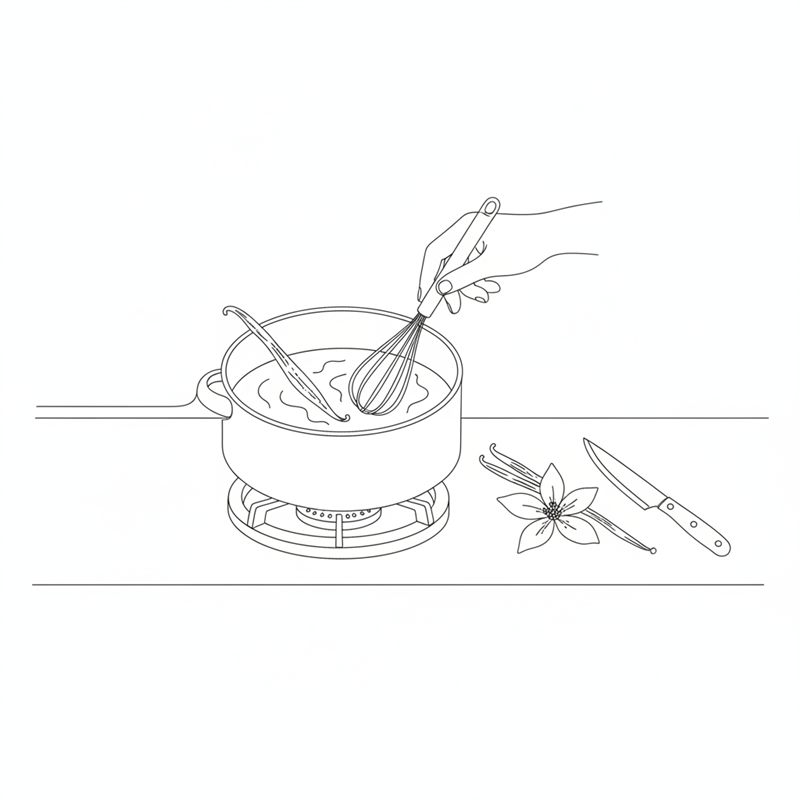 En hånd visper i en liten kjele på en kokeplate; en flekket vaniljestang ligger i kjelen, og en vaniljestang og en liten kniv ligger på bordet ved siden av.