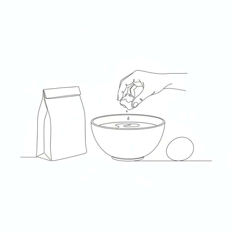 En hånd smuldrer fersk gjær ned i en bolle med melk; et egg og en papirpose ligger ved siden av.
