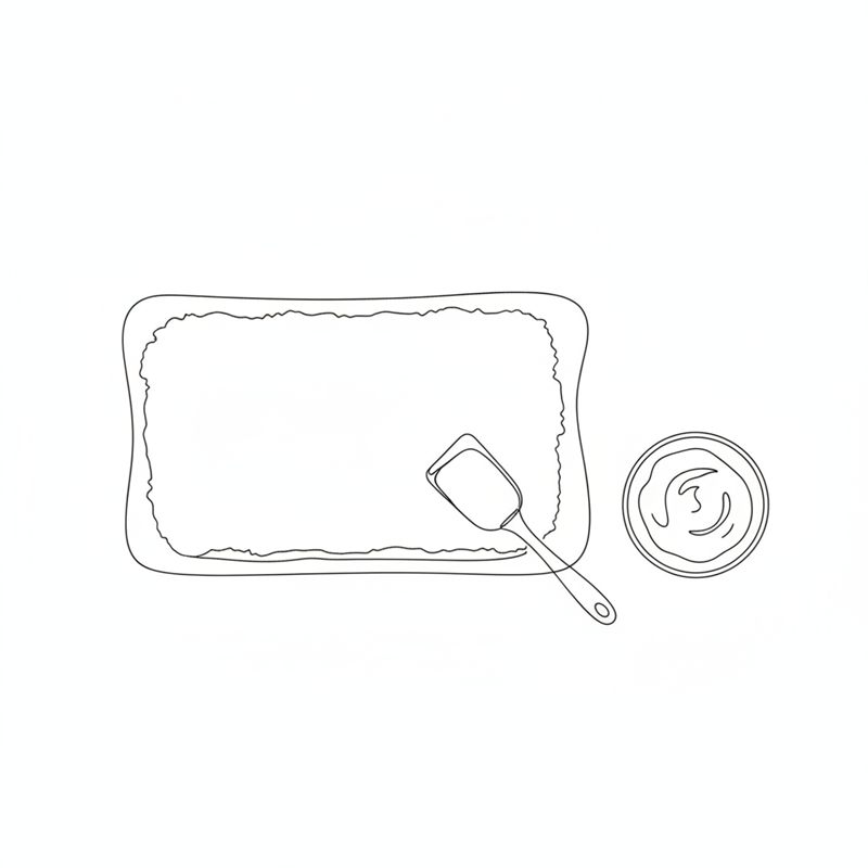 En deigplate sett ovenfra; en palettkniv smører fyllet utover med en fri kant hele veien rundt, og en liten skål med krem står ved siden av.