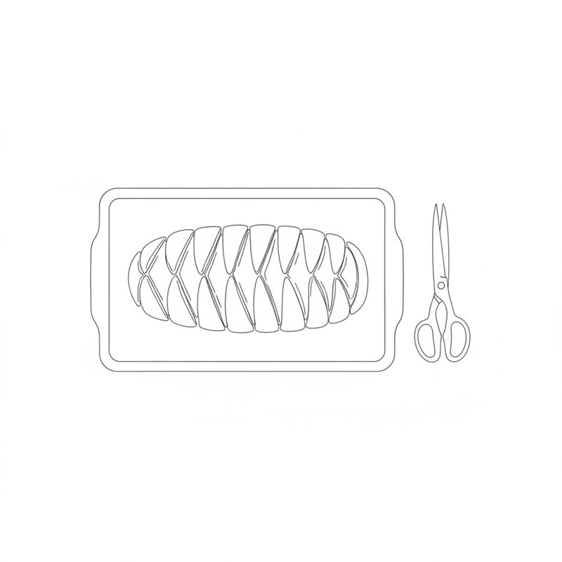 En lang, fylt deigpølse på en bakeplate sett ovenfra, klippet i skrå biter som ligger vekselvis til venstre og høyre i et sikksakkmønster; en saks ligger ved siden av.