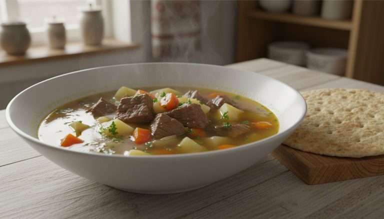 Norsk kjøttsuppe i dyp skål med klar kraft, kokt oksekjøtt, gulrot, kålrot og potet, med flatbrød ved siden av