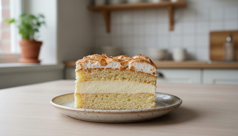 Stykke kvæfjordkake med sukkerbrødbunn, vaniljekrem og gyllen mandelmarengs på godtnoe.no