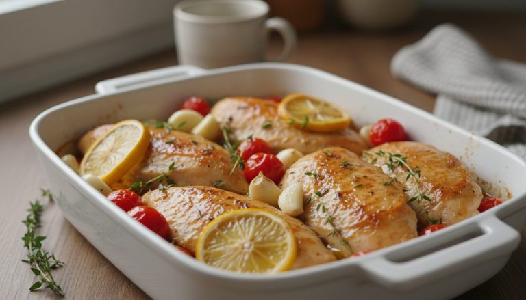 Gyllen kyllingfilet i ovn i hvit ildfast form med cherrytomater, hvitløksfedd, sitronskiver og fersk timian – oppskrift på godtnoe.no