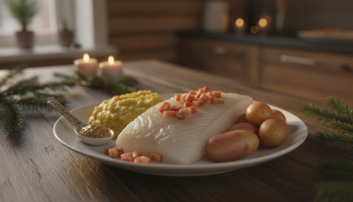 Blank, gjennomskinnelig lutefisk på tallerken med sprøstekt bacon, ertestuing, mandelpotet og sennep, på godtnoe.no