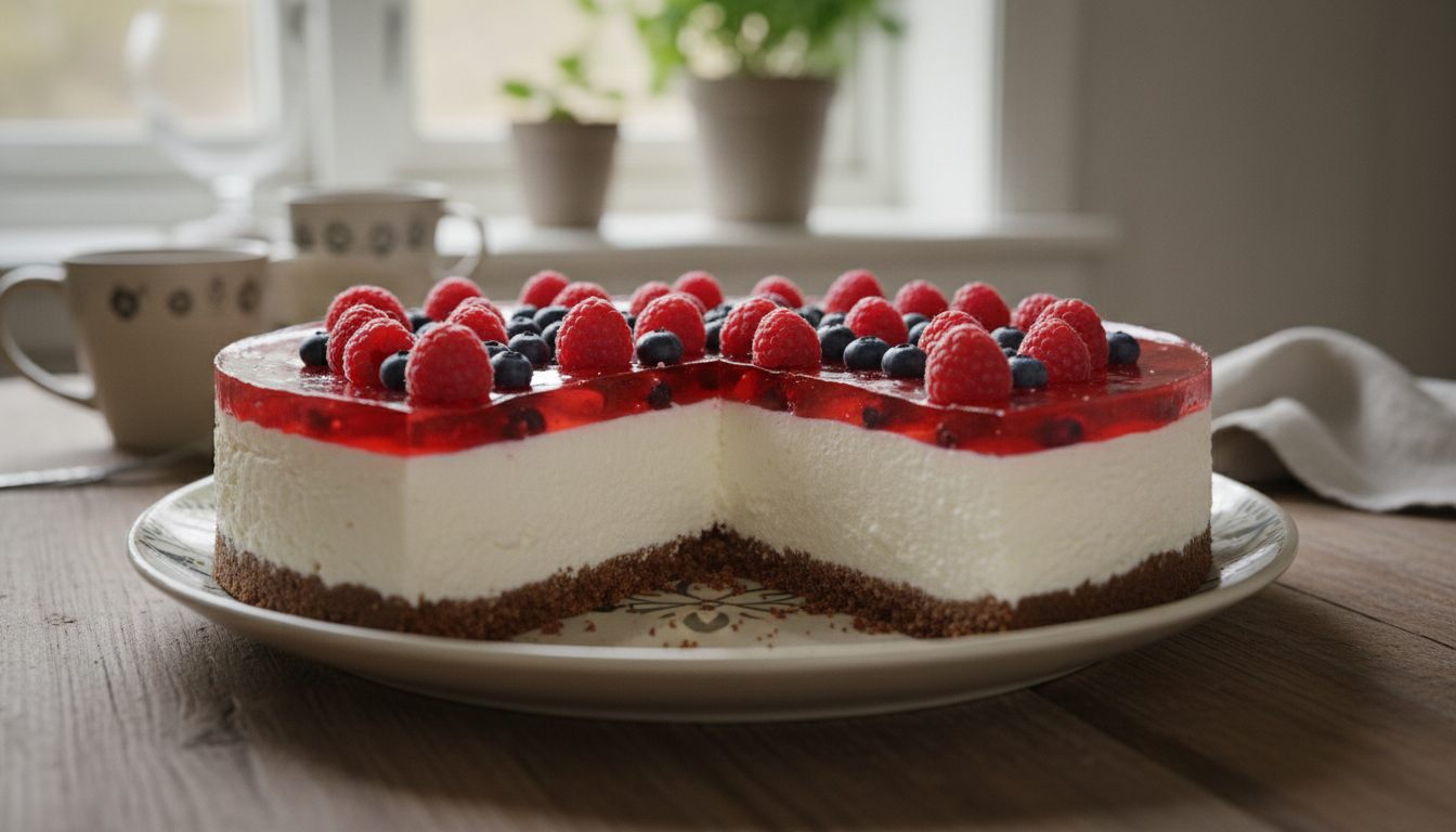 Klassisk norsk ostekake med blankt rødt gelélokk og friske bær, ett stykke skåret ut, på godtnoe.no