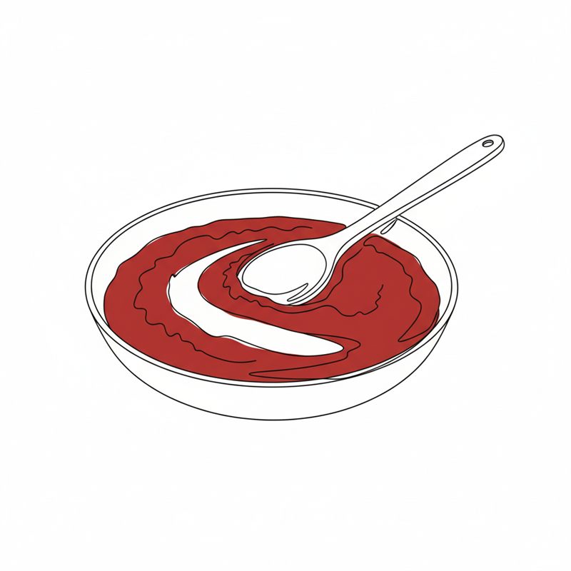Illustrasjon: en tresleiv dras over bunnen av kjelen og etterlater en åpen stripe i den tykke tomatsausen