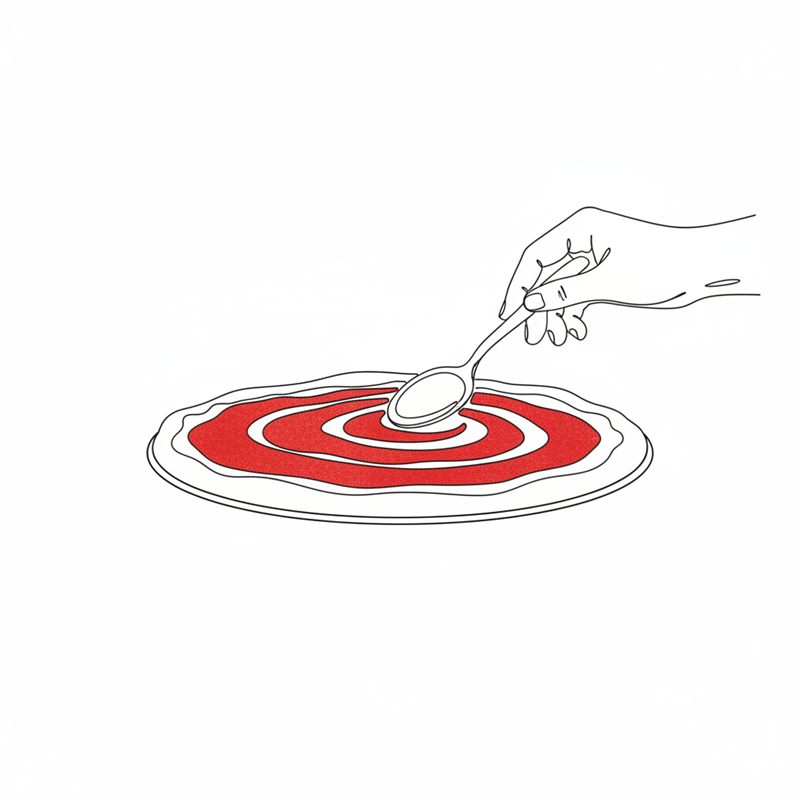 Illustrasjon: rød saus smøres i en spiral på en rund pizzabunn med baksiden av en skje, med fri kant